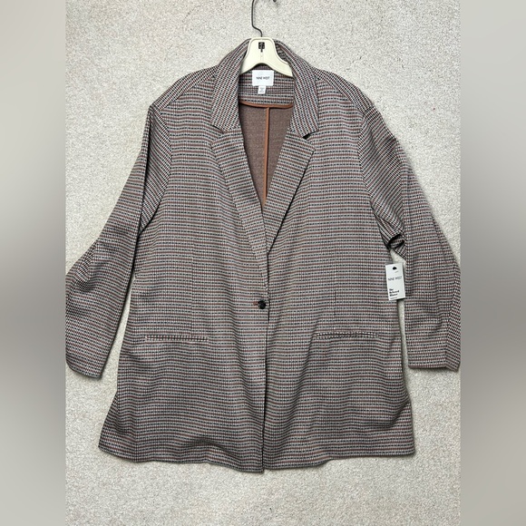 Nine West The Relaxed Blazer Women's Brown Houndstooth Plaid Jacket - Picture 1 of 5